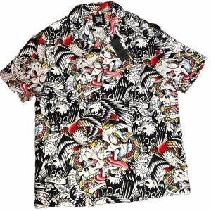 Ed Hardy Death before Dishonor Camp Button Up, New, Size Medium